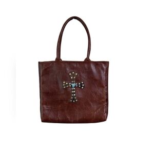👜 Brown Leather Tote with Studded Cross Accent